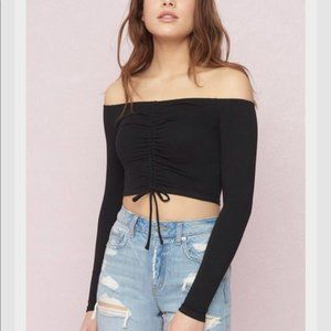 Black Off the Shoulder Ruched Crop Top
